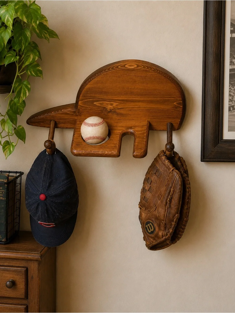 Vintage Baseball Cap-Shaped Wooden Wall Organizer Bat, Ball & Glove Holder